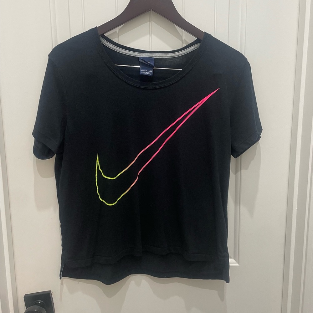 Nike Black Short-Sleeve Crop Tee with Pink and Neon Yellow Swoosh